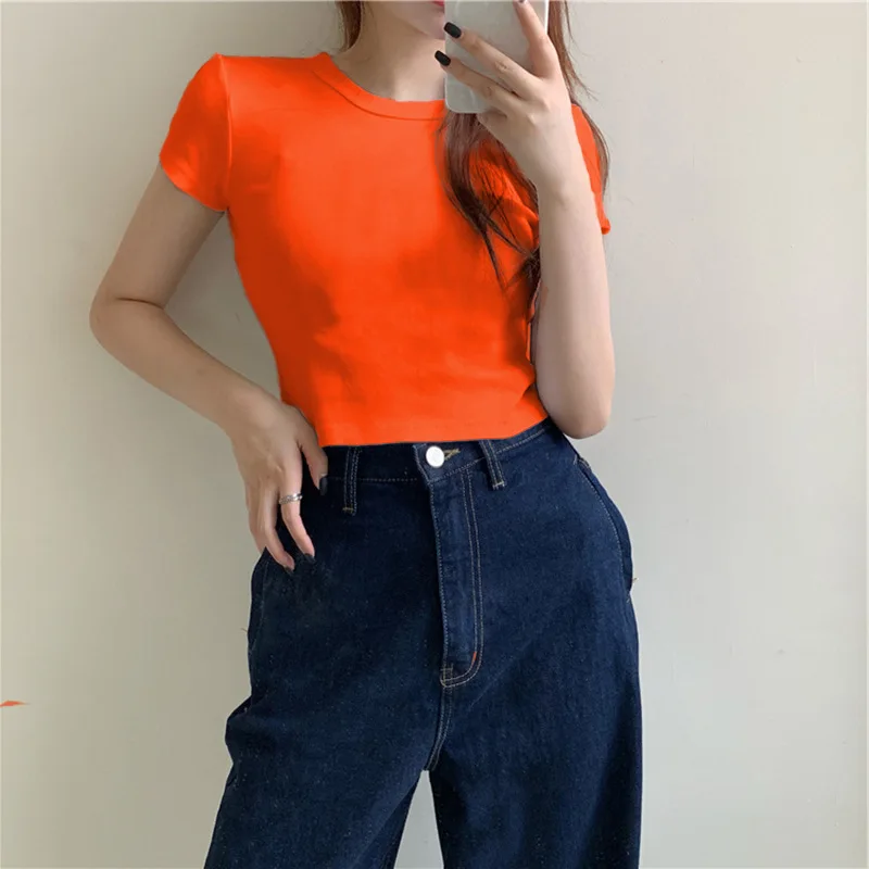 

Women's T-shirt summer shirt cross round neck women's blouse T-shirt casual solid color T-shirt cotton high waist exposed navel
