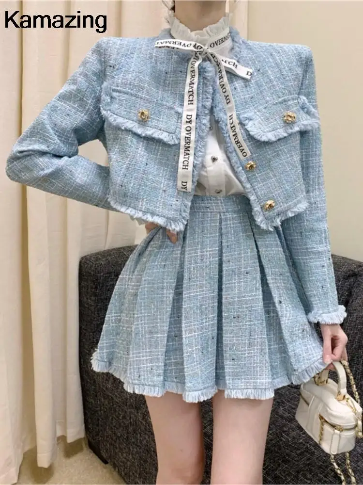 Женский твидовый костюм с бахромой дизайнерский из двух предметов короткая