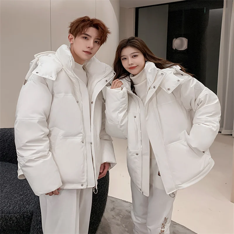 Winter Couple'S Short Down Jacket, Men'S And Women'S Same Thick Warm Young Man'S Small Bread  Loose And Casual Black White