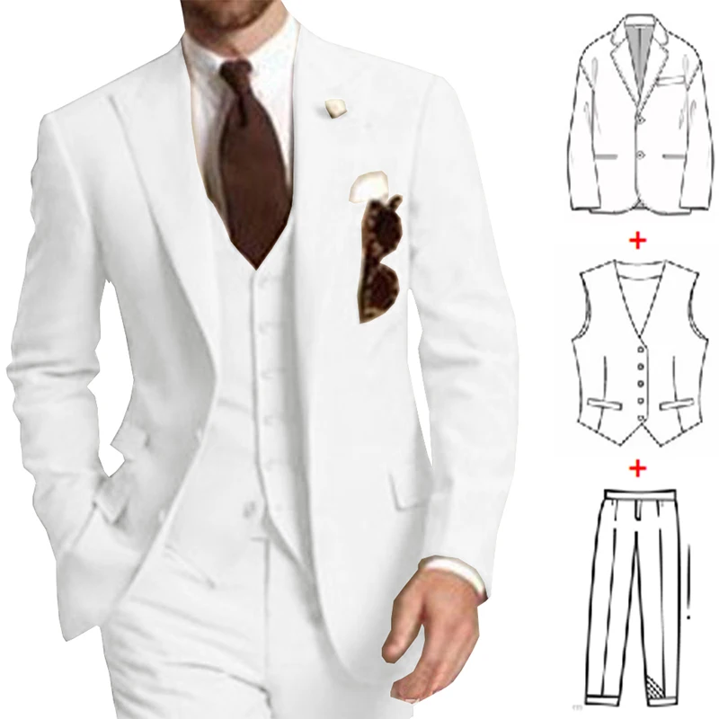 White Groom Tuxedos for Wedding Slim Fit 3 Pieces Best Man Groomsmen Suits Formal Prom Party Suit for Men (Blazer+Vest+Pants)