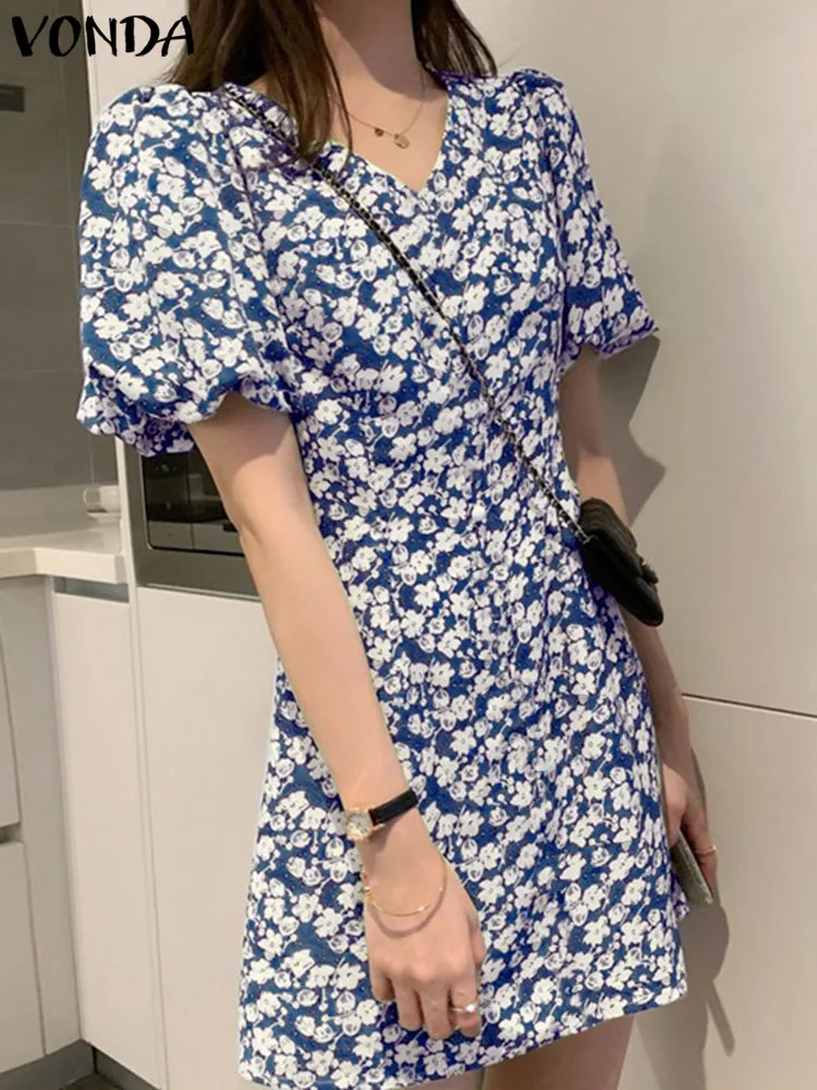 

Женское платье VONDA, богемное летнее платье 2023 с V-образным вырезом и цветочным принтом, с коротким рукавом, Мини Сарафан, Пляжная женская одежда
