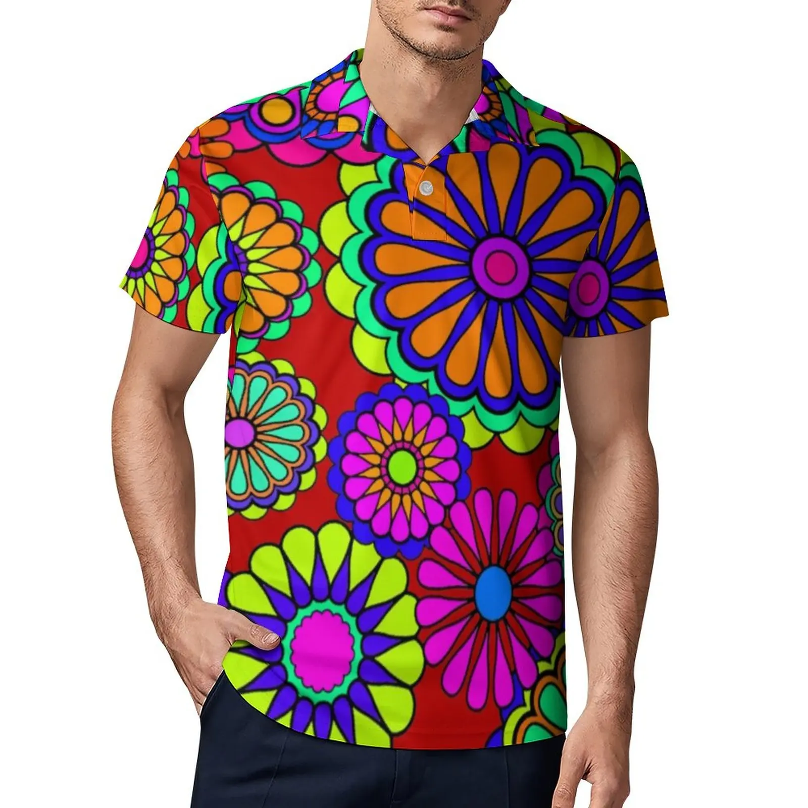 

Рубашка-поло мужская с цветочным принтом и коротким рукавом, в стиле ретро