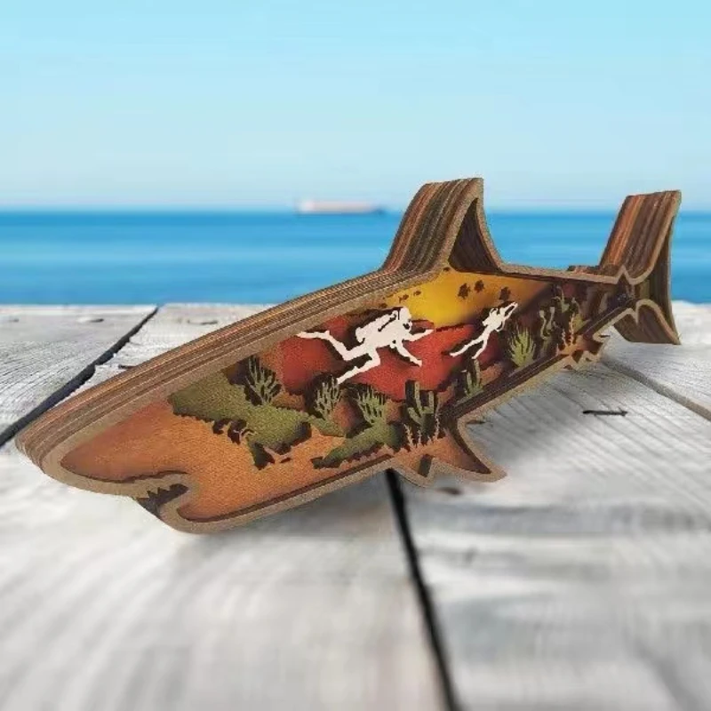 

Wooden Fish Decor Hollowed Multilayer Fish Figurine Ornament Home Decor Statue Rustic Decorations Home Shelf Cabinet Tabletop
