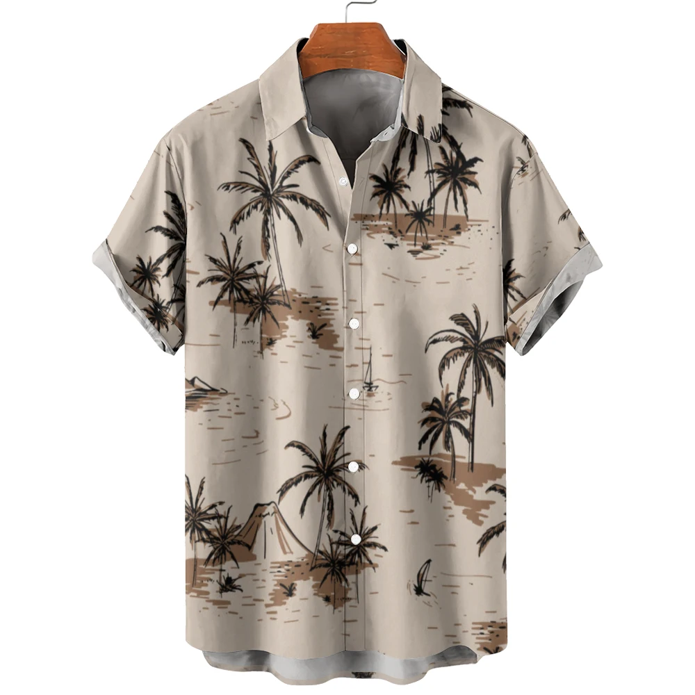 

European And American Foreign Trade Men'S Tops Beige Hawaii Street Flower Coconut Tree Print Casual Short-Sleeved Men'S Shirts