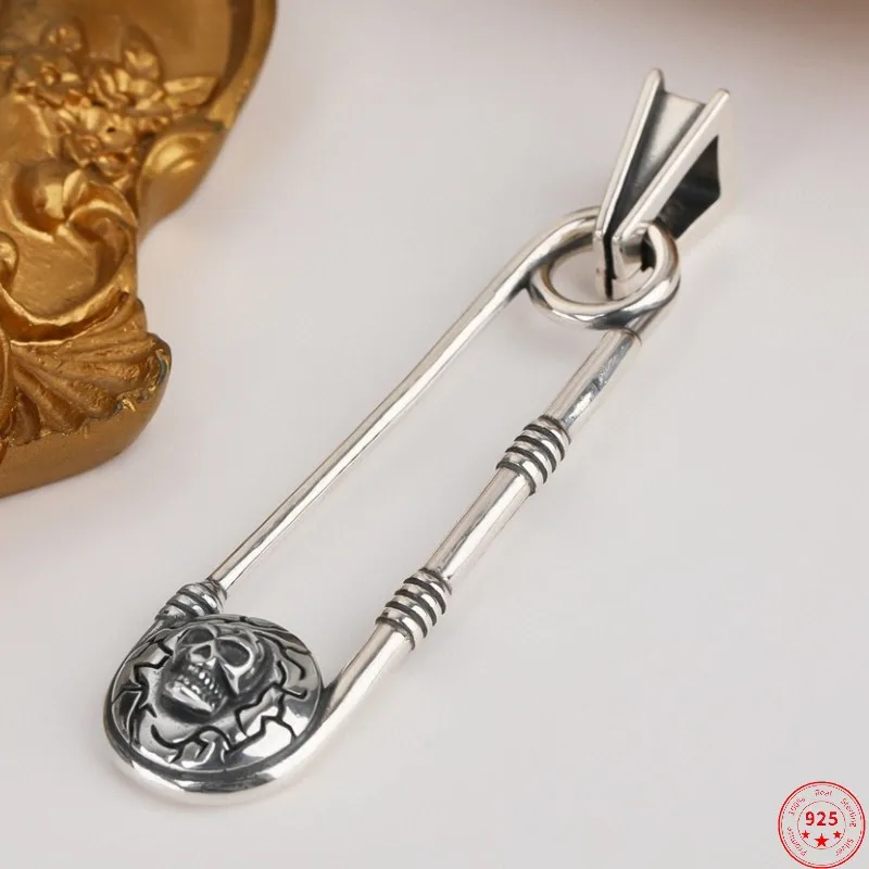 

S925 Sterling Silver Pendant for Men Women 2023 New Men's Fashion Safety-pin Dark-skull Pure Argentum Amulet Punk Jewelry