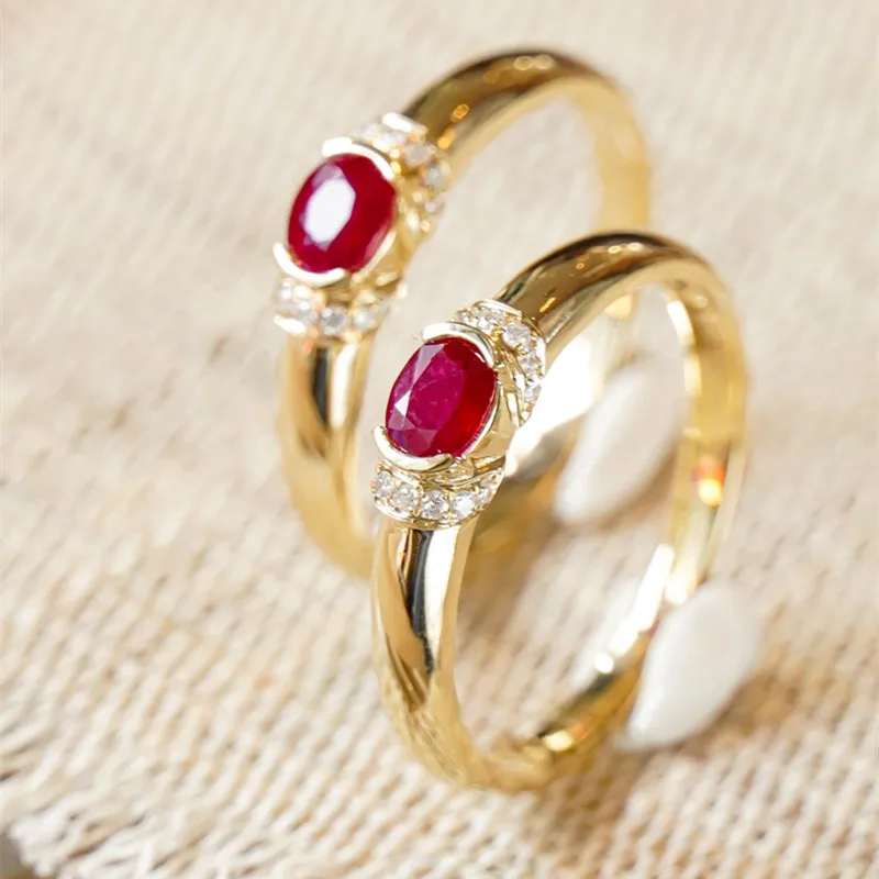 

UBESTNICE Real 18K Gold Simple Natural Gemstone Vivid Red Ruby Rings Original Yellow Gold Jewelry AU750 Diamond Ring for Women