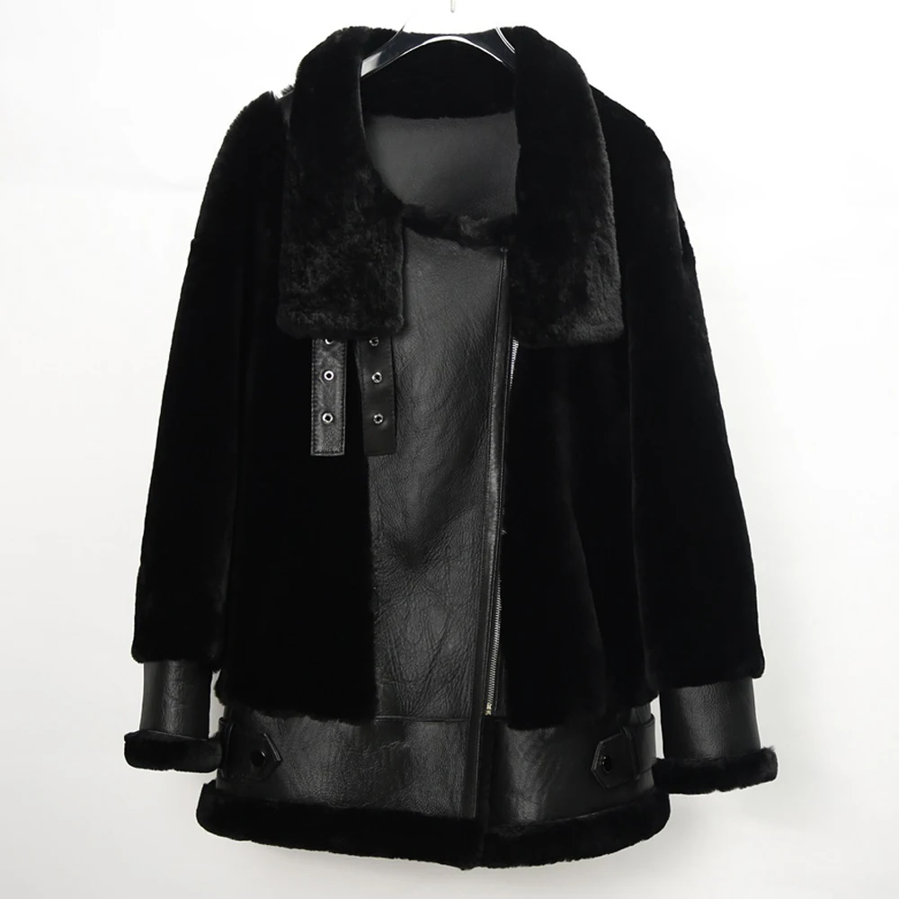 

LUHAYESA 2023 New Black Genuine Leather Lamb Shearling Fur Coat Women Winter Warm Casual Real Fur Jackets