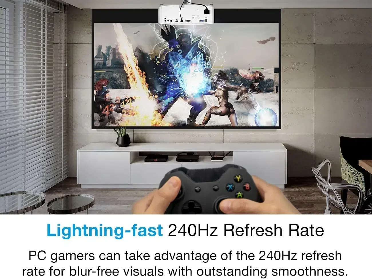 R Optoma UHD38x Projector 4K Ultra HD 4000 lumens 4.2ms response time 1080p 240Hz refresh rate HDR10 and HLG