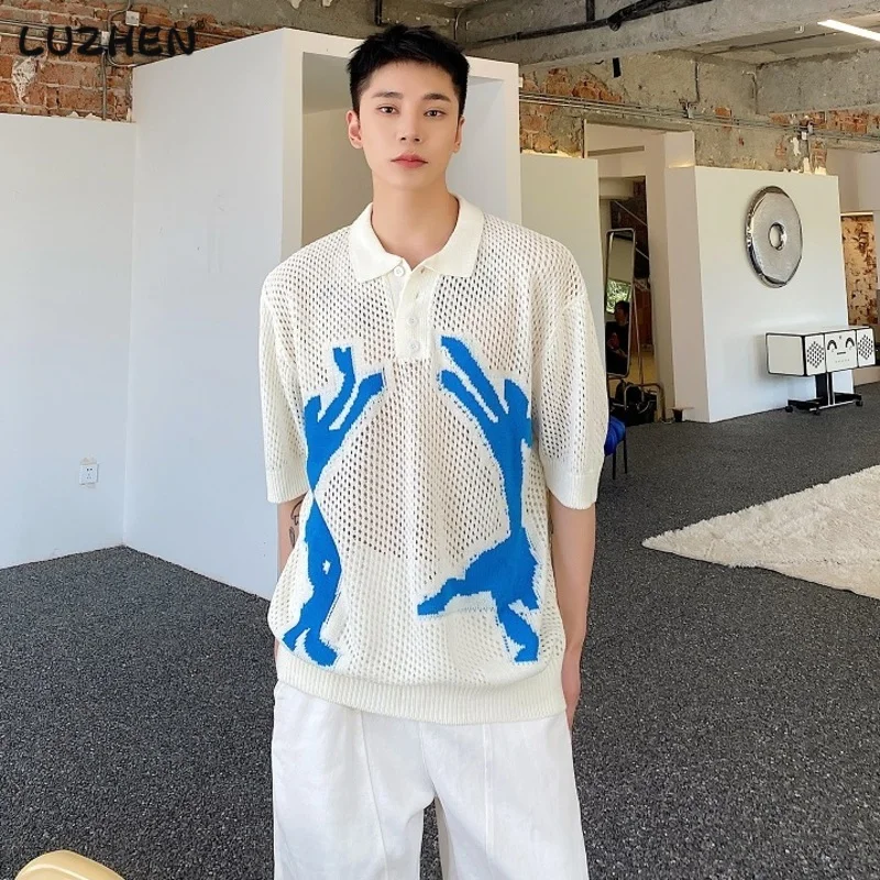 

Летние корейские рубашки LUZHEN с вырезами контрастного дизайна, повседневный мужской топ с коротким рукавом и воротником-поло, стильная сетчатая трикотажная рубашка 7291be