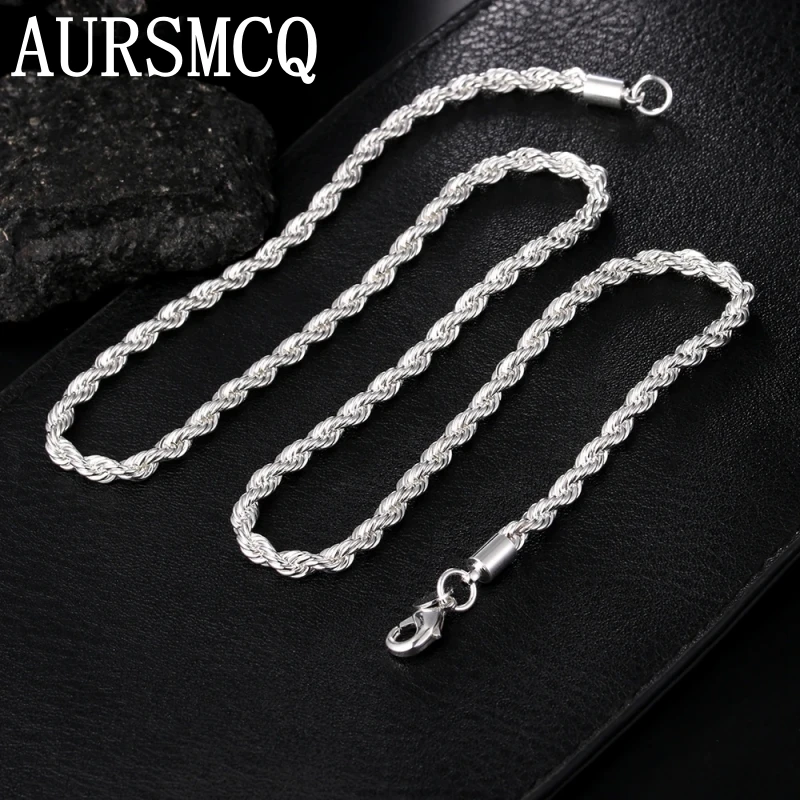

AURSMCQ 4MM Rope 16-24inch for Women Men Beautiful Fashion 925 Sterling Silver Charm Chain Necklace High Quality Jewelry 40-60cm