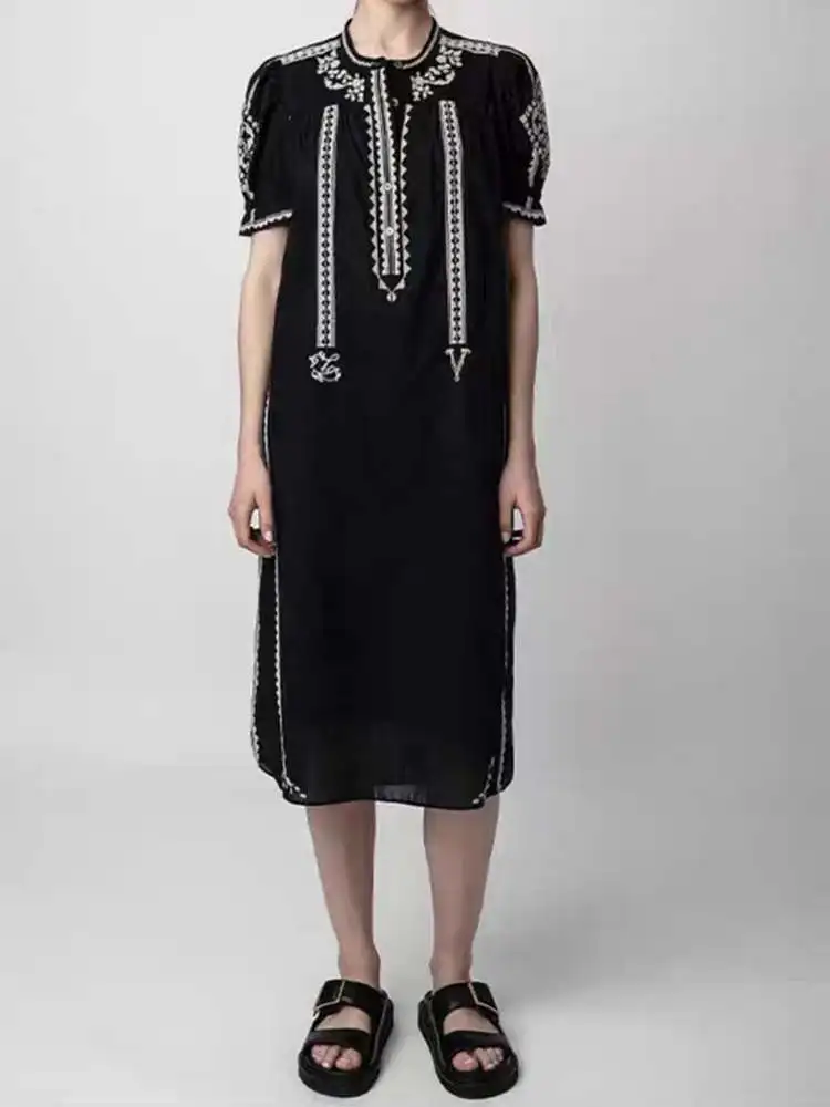 2023 Spring Summer New Women Dress Embroidered Dress Loose Straight with Belt Summer Midi Dress