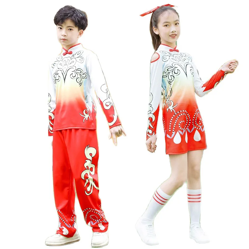 Kids Classic Cheerleader Costume Set Long Sleeve Socks Red Chinese Style School Girls Boy Costume Dance Cosplay Uniform Team Gym