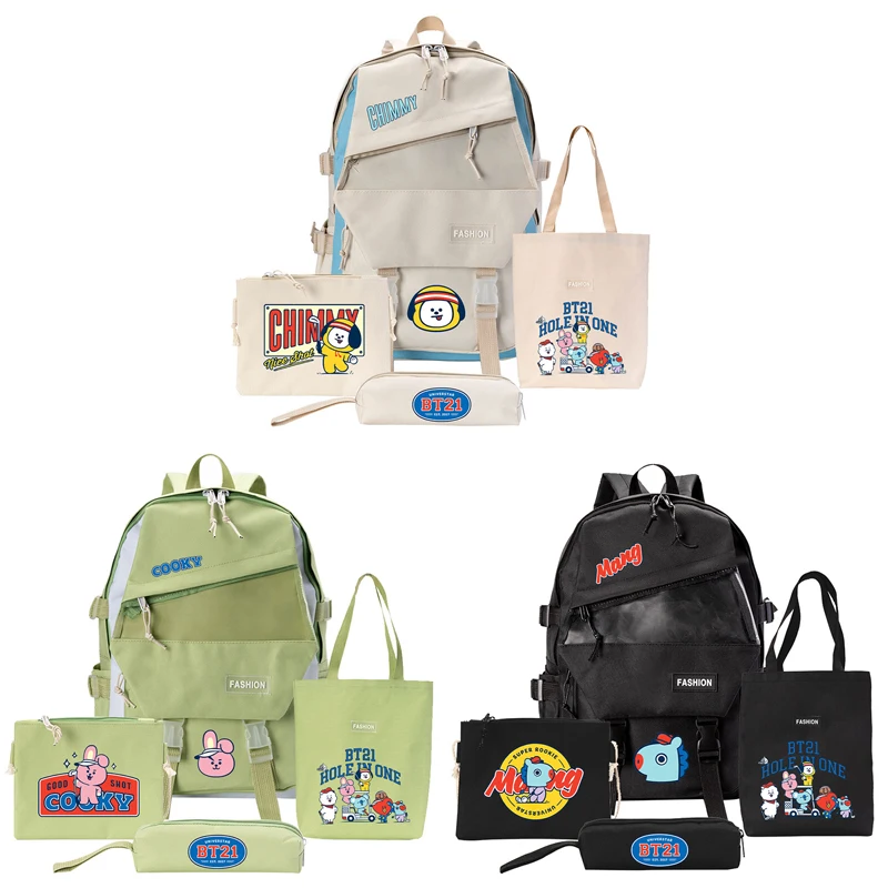 Kawaii BT21 Anime Cute Cartoon Schoolbag Four Piece Set Student Fashion Printing Pen Bag Handbag Shoulder Bag Birthday Gift