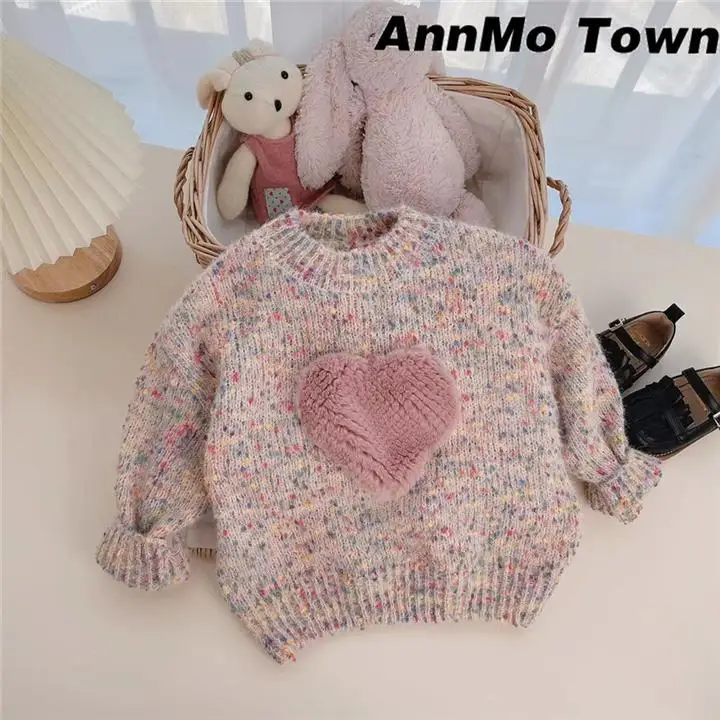 

Princess Sweater New Winter Kids Knitted Pullovers Sweaters Korean Style Colorful 3D Heart Tops Children Thicken Crew Sweater