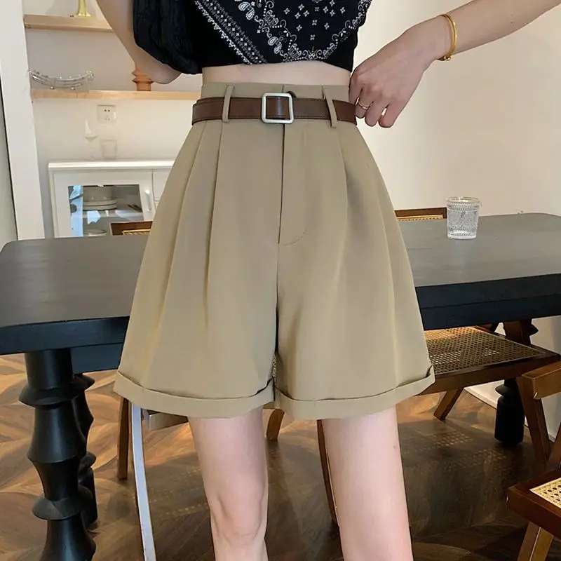 2023 Summer New Line Solid Causal Wide Loose Shorts For Women High Elastic Waist Suits Shorts With Pockets  Short  Female W11