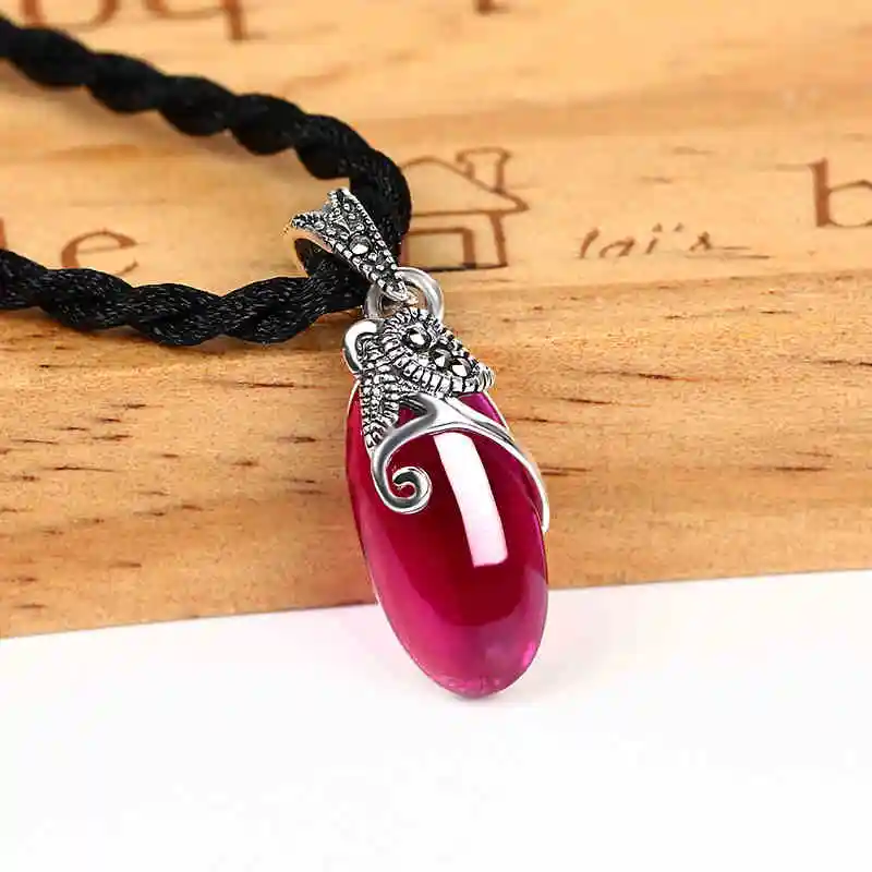 

ZHJIASHUN Royal 100% 925 Sterling Silver Ruby Necklace Pendant Retro Natural Gemstone Vintage Silver Pendant Jewelry For Women
