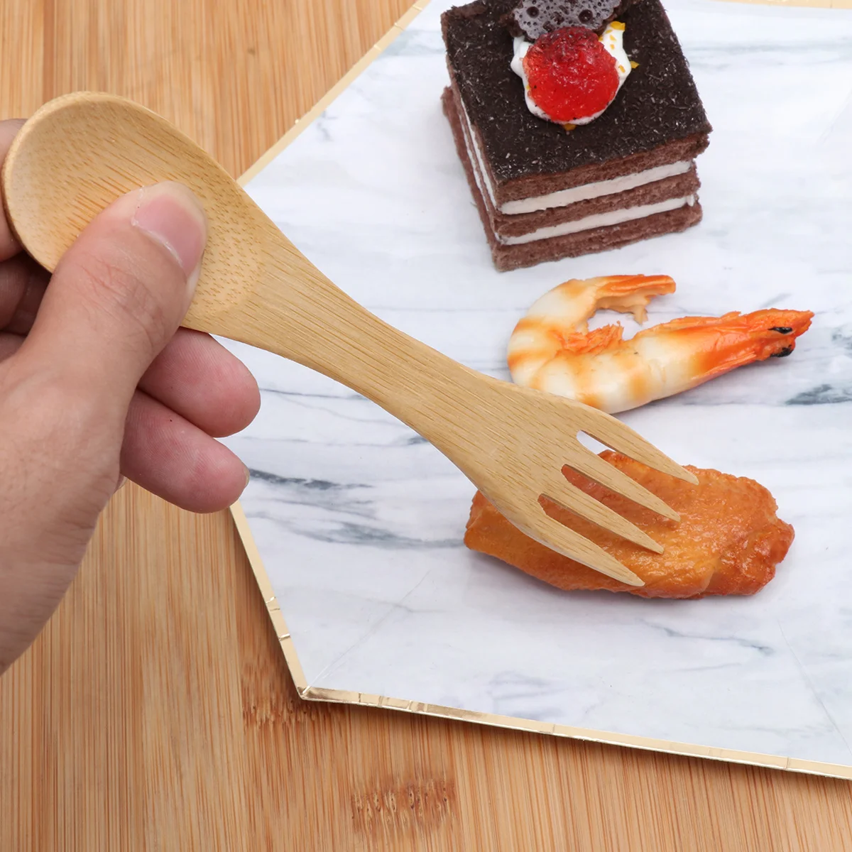 5 шт. детские столовые приборы деревянные ложки и вилки 2-в-1 одноразовые