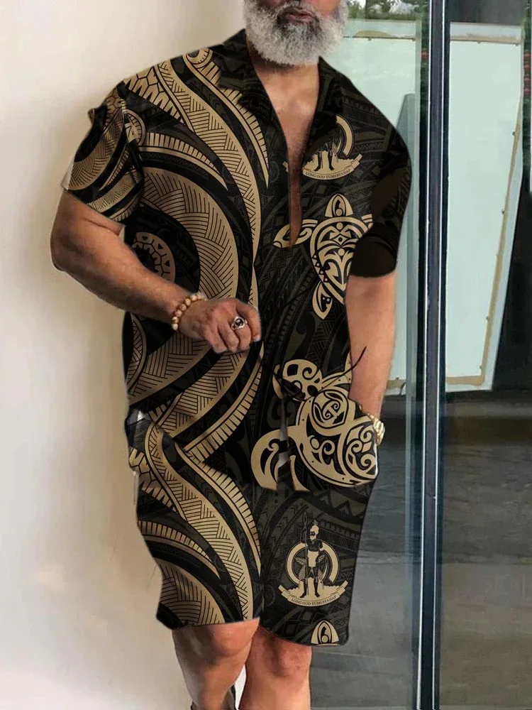 Summer Men Short Sleeve Shirt 2-Piece Set Luxury Hawaiian Loose Retro Male Tracksuit Street Beach Lapel Button-Down Tops