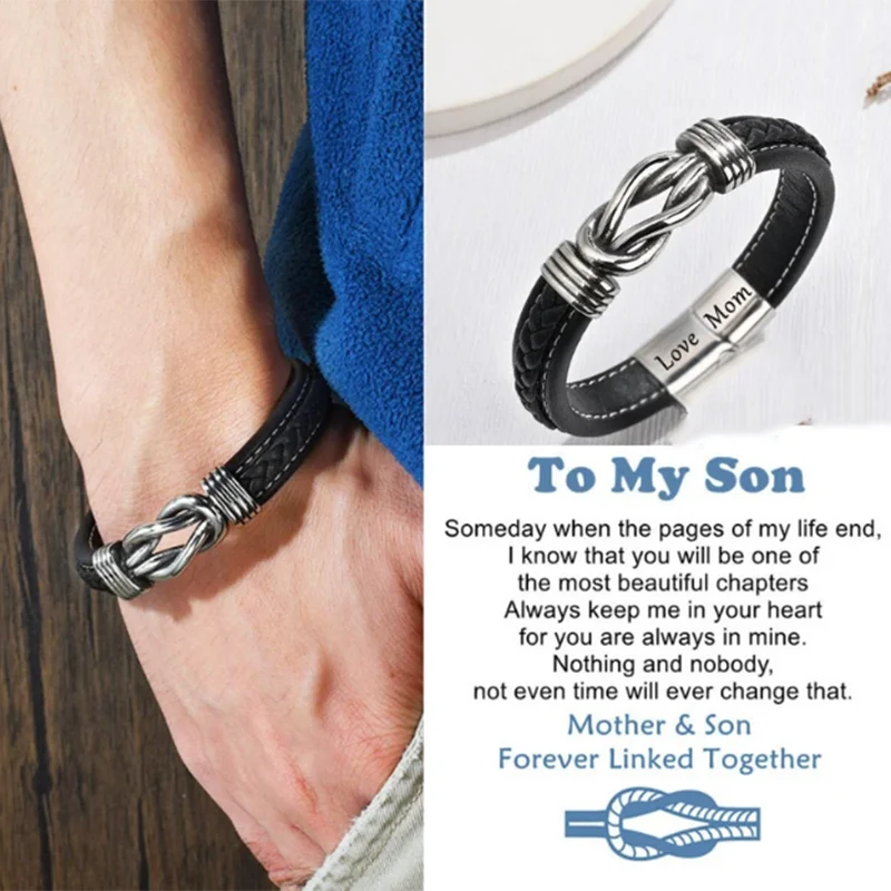 

MOTHER & SON Forever Linked Together Braided Leather Bracelet W/Card Infinity Knot Leather Wrap Bangle Wristband Back To School