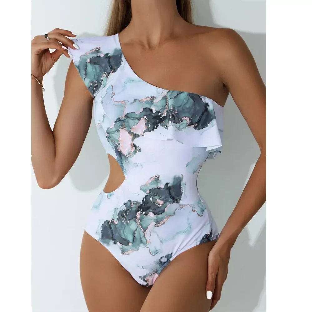 

Sexy Hollow Out Tie Dye One Piece Swimsuit One Shoulder Ruffle Swimwear Striped Blue Backless Bandage Bathing Suit Monokini
