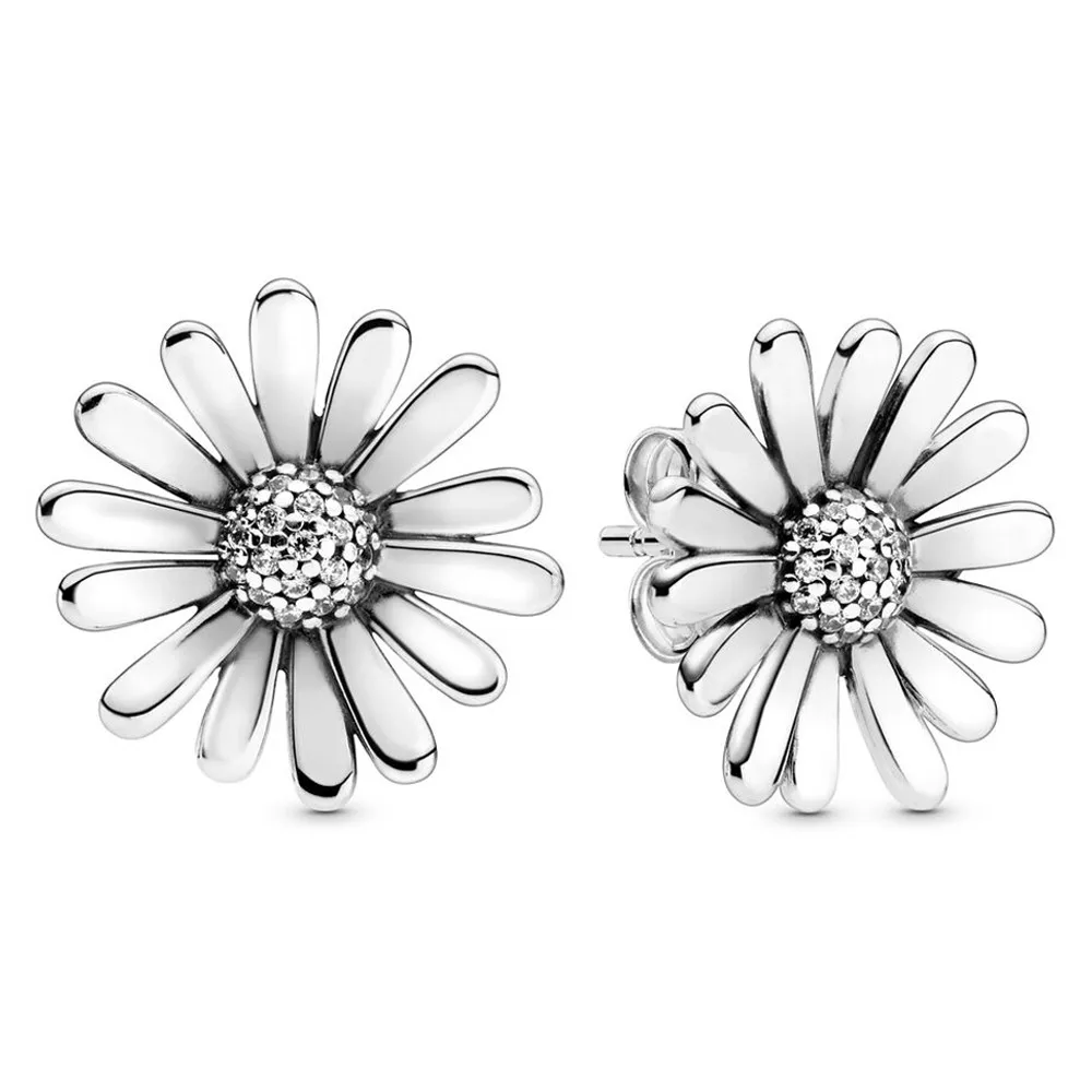 

Authentic 925 Sterling Silver Sparkling Daisy Flower Statemen With Crystal Stud Earrings For Women Wedding Gift Fashion Jewelry