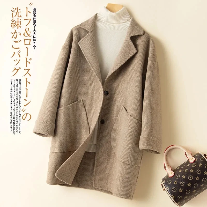 

Двухстороннее пальто средней длины из 100% шерсти в елочку, Женская Модная элегантная свободная зимняя куртка в офисном стиле, новинка 2023, верхняя одежда с воротником