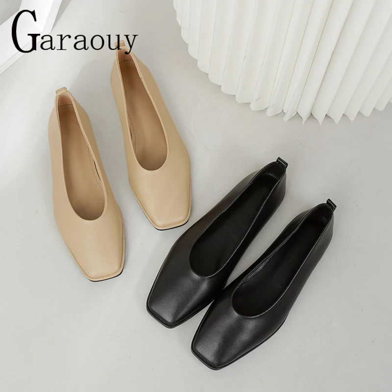 

Garaouy 2023 Women's Simple Genuine Leather Flat Shoes Office Lady Solid Square Head Ballet Shallow Shoes Female Zapatos Mujer