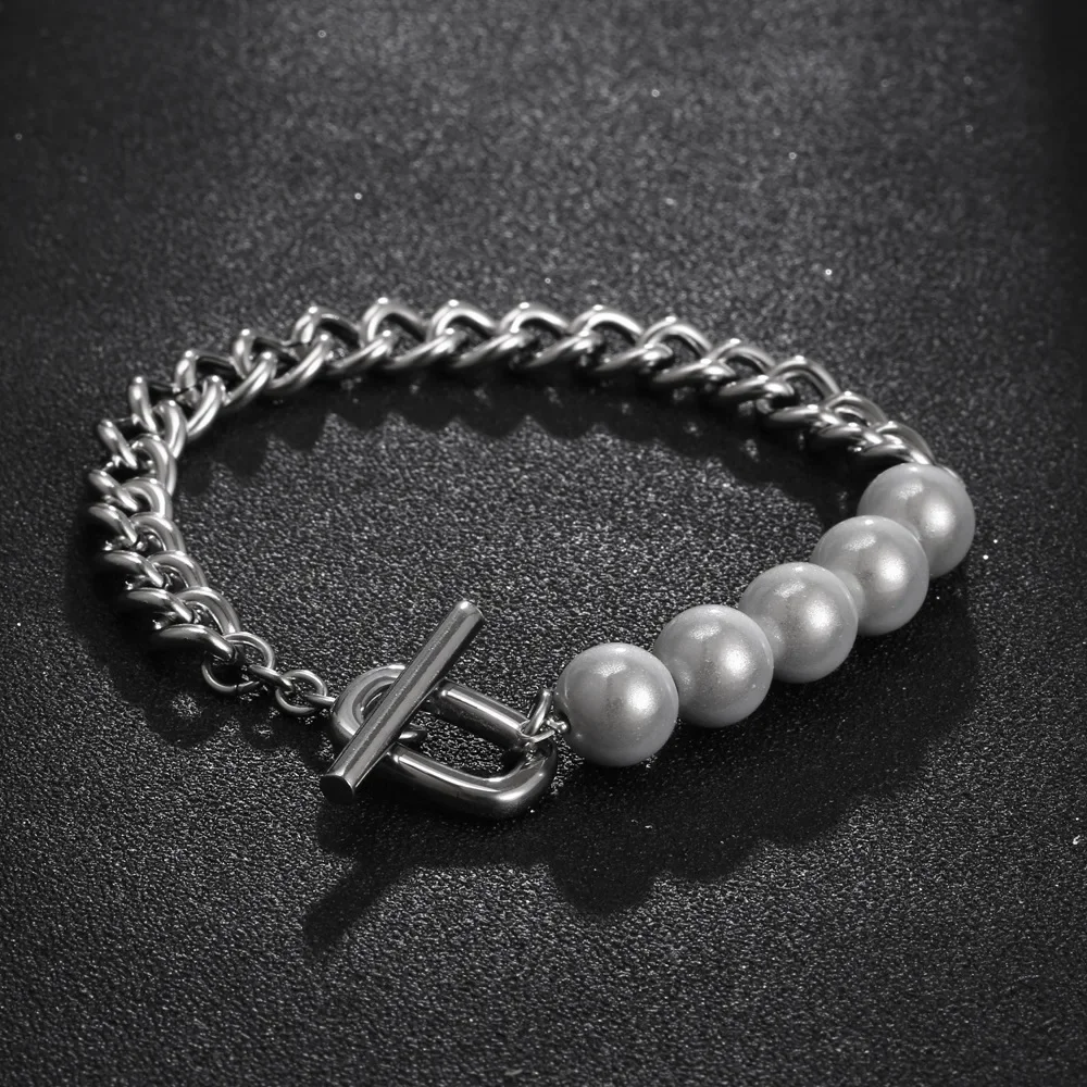 

Sweet Cool Chain Splice Reflective Pearl Bracelet for Men Small Market Hip Hop Fashion Men's Titanium Steel Bracelet Wholesale
