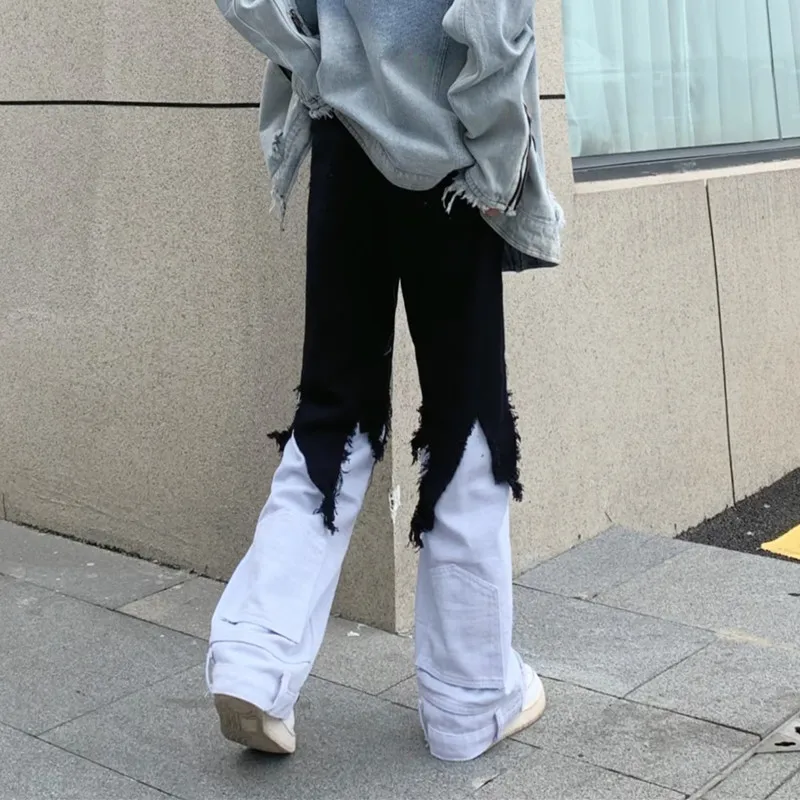 Модные черные и белые мешковатые расклешенные джинсы Y2K с соединением одежда для