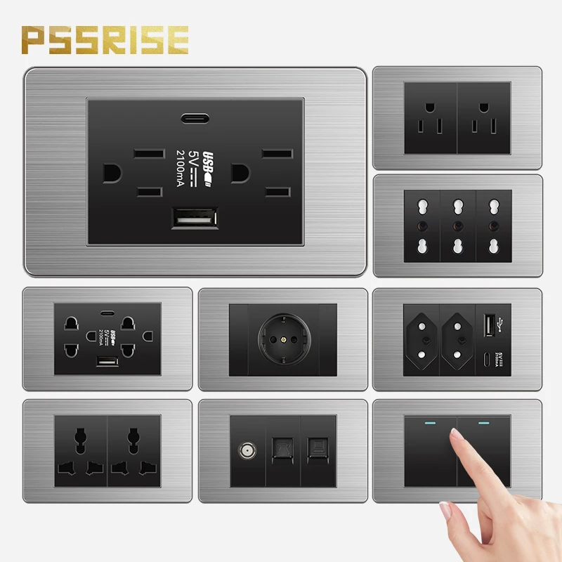 

PSSRISE Brazil Thai US Wall Power Socket with 5V 2.1A USB Type-c Charger Stainless Steel Panel Light Switch Computer TV Outlet