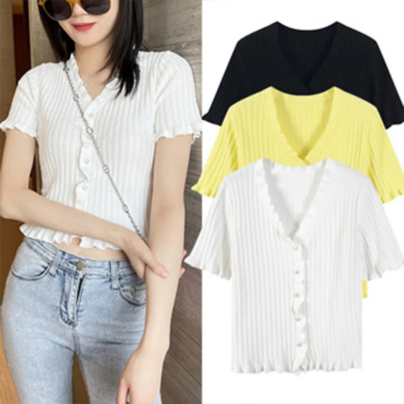 

Ruffles Knit Fashion Yellow White Color Women Tees V-Neck Buttons Short Sleeves Elastic Fabric Lady Crop Tops T-Shirt