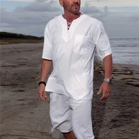 men outfit set 2022 summer shirts beach pants printed european american tops mens new casual beach cotton linen suits for men
