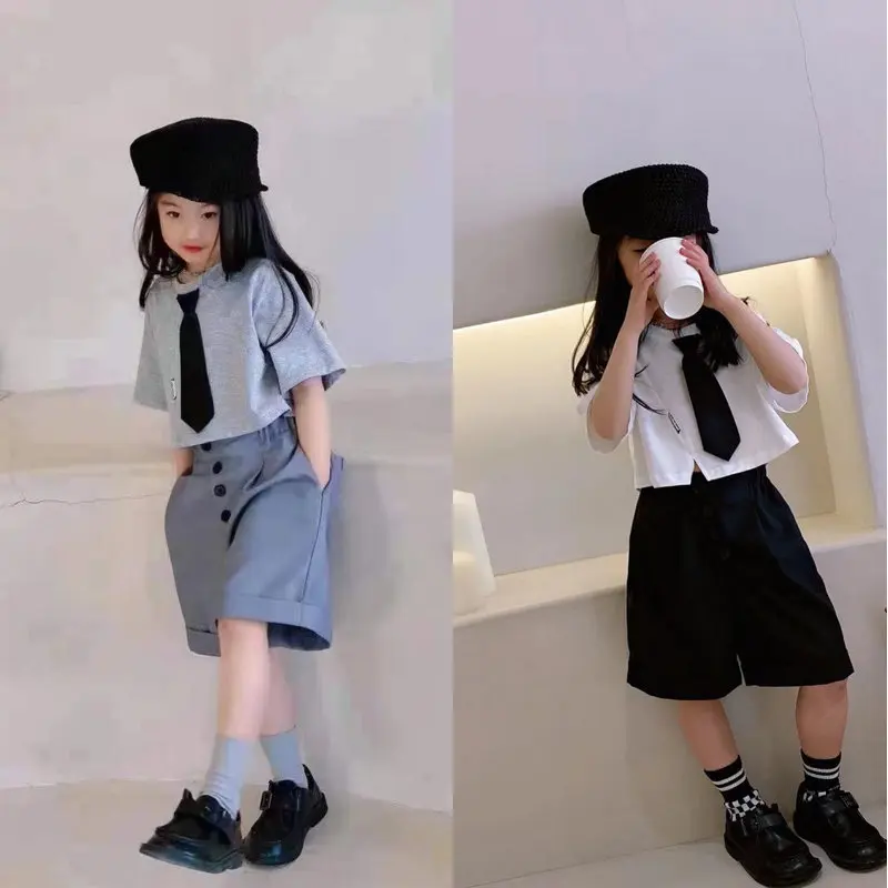 

Комплекты Рубашки детские шорты с эластичной талией длиной до колена Свободный Прямой пуловер с круглым вырезом и коротким рукавом для девочек на лето