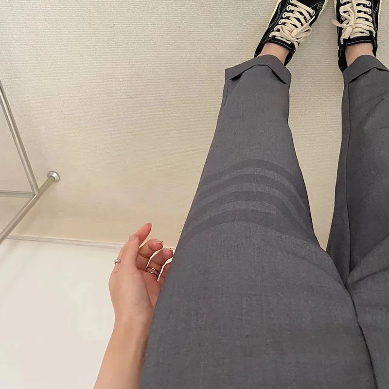 TB Thick Trousers Women's Spring and Autumn New Gray Pants Casual Trousers High Waist Thin Smoke Tube Pants Straight Suit Pants
