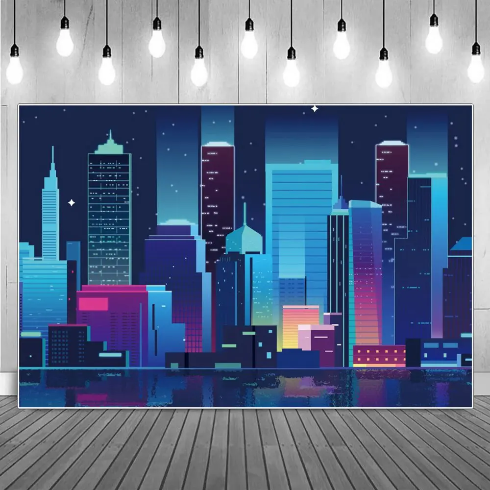 

Neon City Building Night Photography Backdrops Superhero Theme Banner Custom Baby Birthday Party Decoration Photocall Background