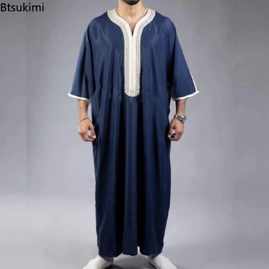 New 2023 Eid Ramadan Muslim Fashion V Neck Navy Blue Robe Sets Abaya Men Retro Modern Casual Loose Solid Color Islamic Clothing