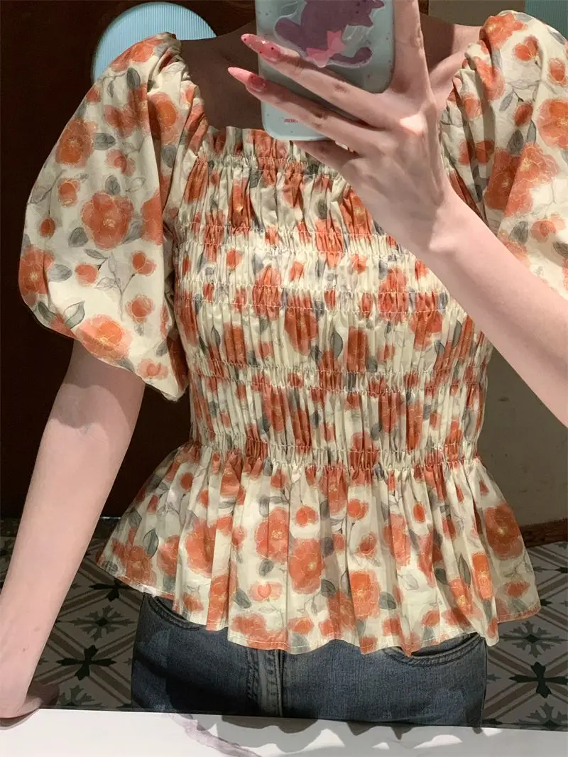 Блузки с цветочным принтом женские плиссированные топы квадратным воротником и