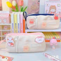 2022 simple canvas pencil case student japanese style large capacity pen case pencil bags with badge cute stationery organizer