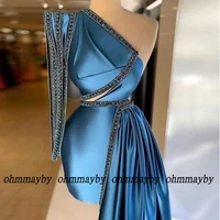ohmmaybe one shoulder blue evening dresses for party sheath satin prom gowns beaded elegant womens dress vestidos de fiesta