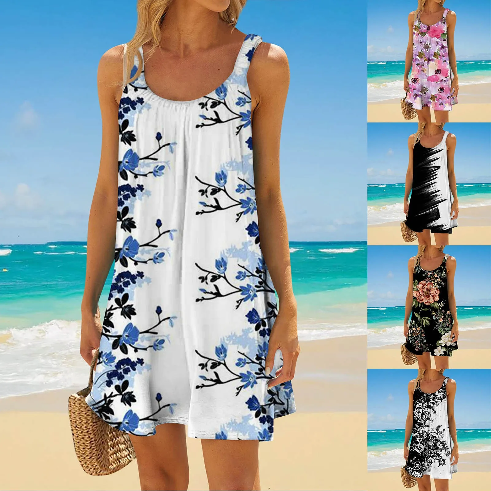 

Новое популярное сексуальное женское пляжное платье с цветочным принтом, платье без рукавов с круглым вырезом в стиле бохо Гаваи, летняя винтажная пляжная одежда, женские платья