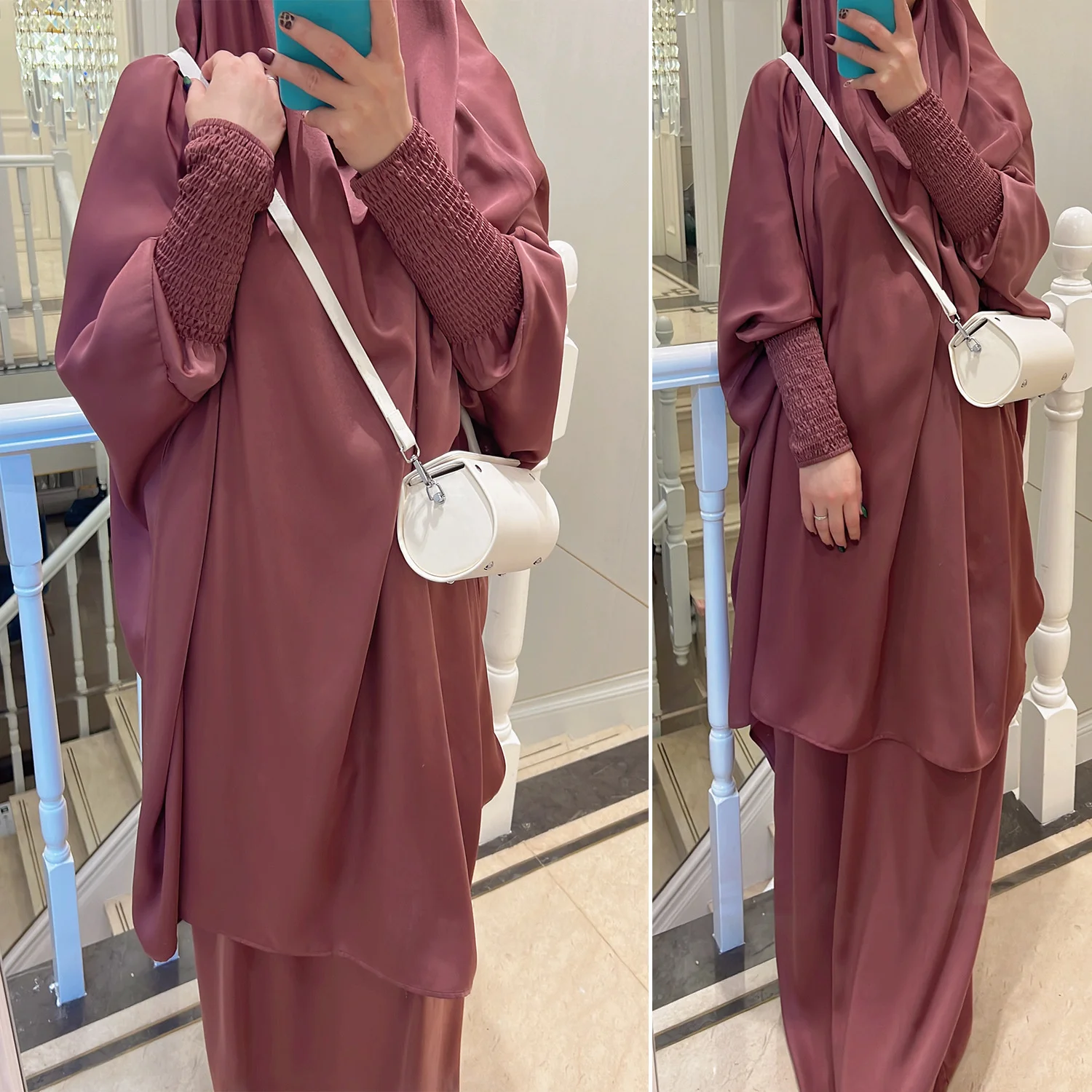 Muslim Satin Abaya For Women Skirt Jilbab 2 Two Piece Set Hooded Abayas Ramadan Eid Prayer Garment Dubai Turkey Islamic Clothing