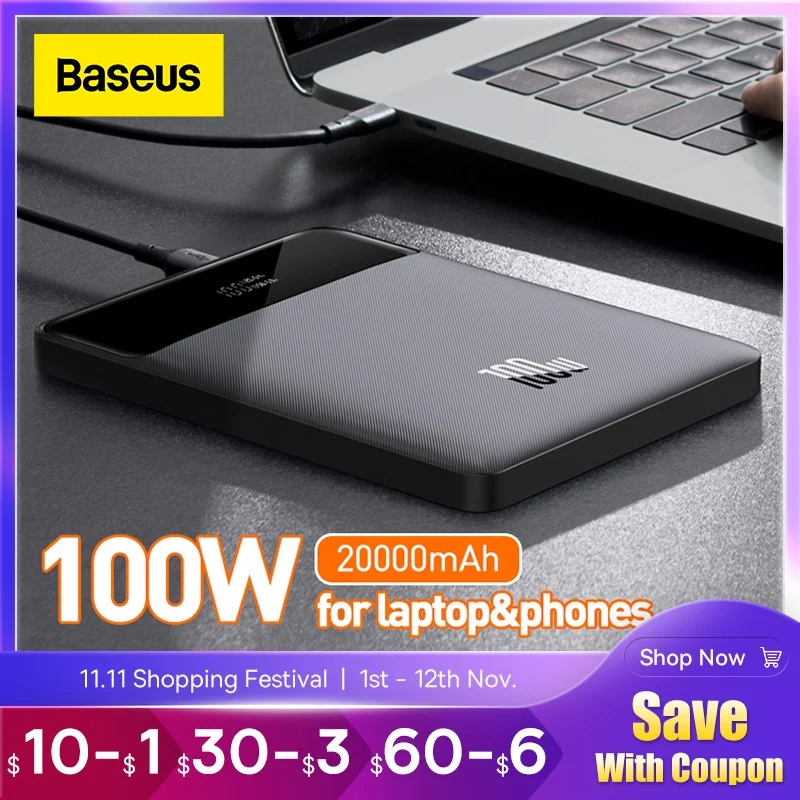 

Baseus 100W Power Bank 20000mAh Type C PD Fast Charging Powerbank Portable Charger External Battery for Notebook Phones Tablets