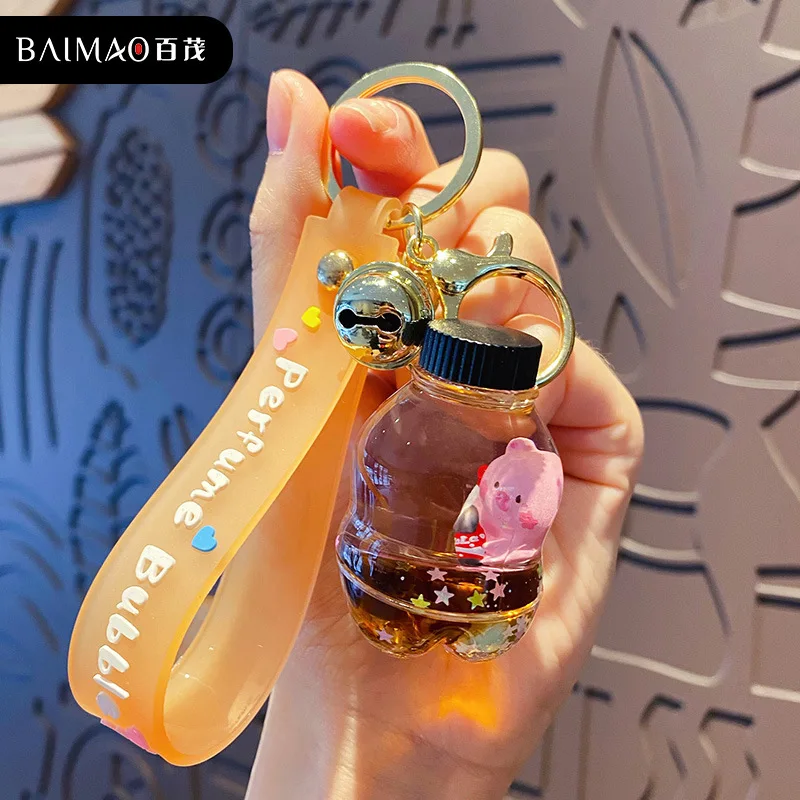 Creative Acrylic Beverage Bottle Keychain Cute Liquid Quicksand Coke Rabbit Piggy Key Chain Women Couple Bag Car Keyring Gifts images - 6