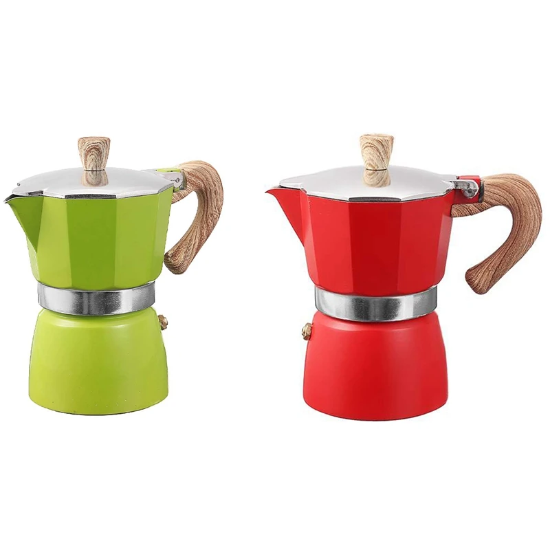 

2 Pcs Aluminum Italian Moka Espresso Coffee Machine Filter Stove Pot 3 Cups, Red & Green