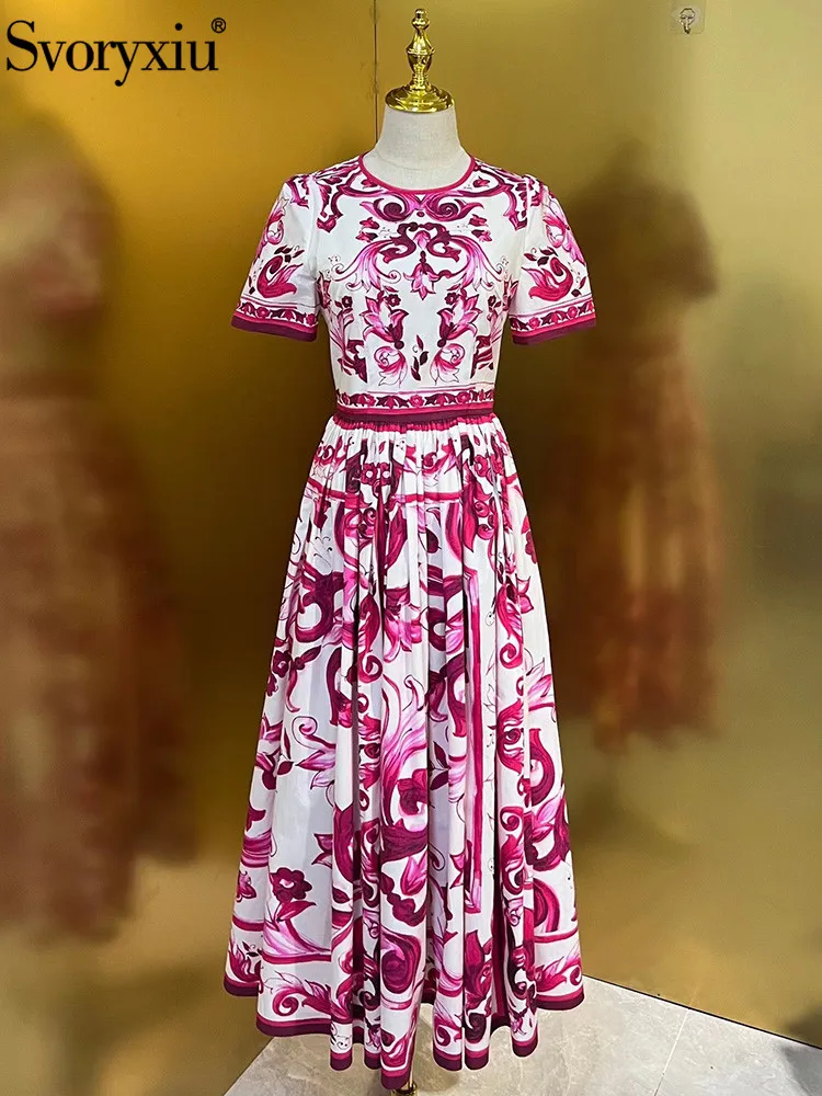 Svoryxiu High Quality Designer Runway Summer Vintage Print Mid-Calf Dress Women's Short Sleeve High Waist Vacation Casual Dress