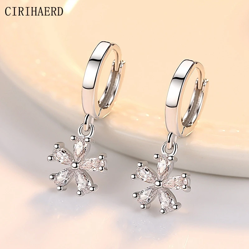 

925 Sterling Silver Earrings 2022 Trend New Bohemian Luxury Jewelry Pink Crystal Zircon Flower Pendant Earrings Wholesale Gift