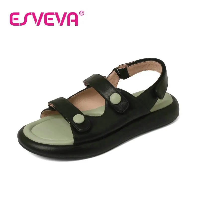 

ESVEVA 2022 Sandal SheepSkin Med Heel Fashion Female Shoes Cut Outs Round Toe Neutral Buckle Women Pumps Big Size 34-39