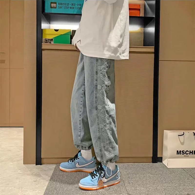 DEEPTOWN Print Straight Jeans Men Streetwear Hip Hop Denim Pants Black Blue Trousers Male Jogger Loose Casual Janpanese Spring