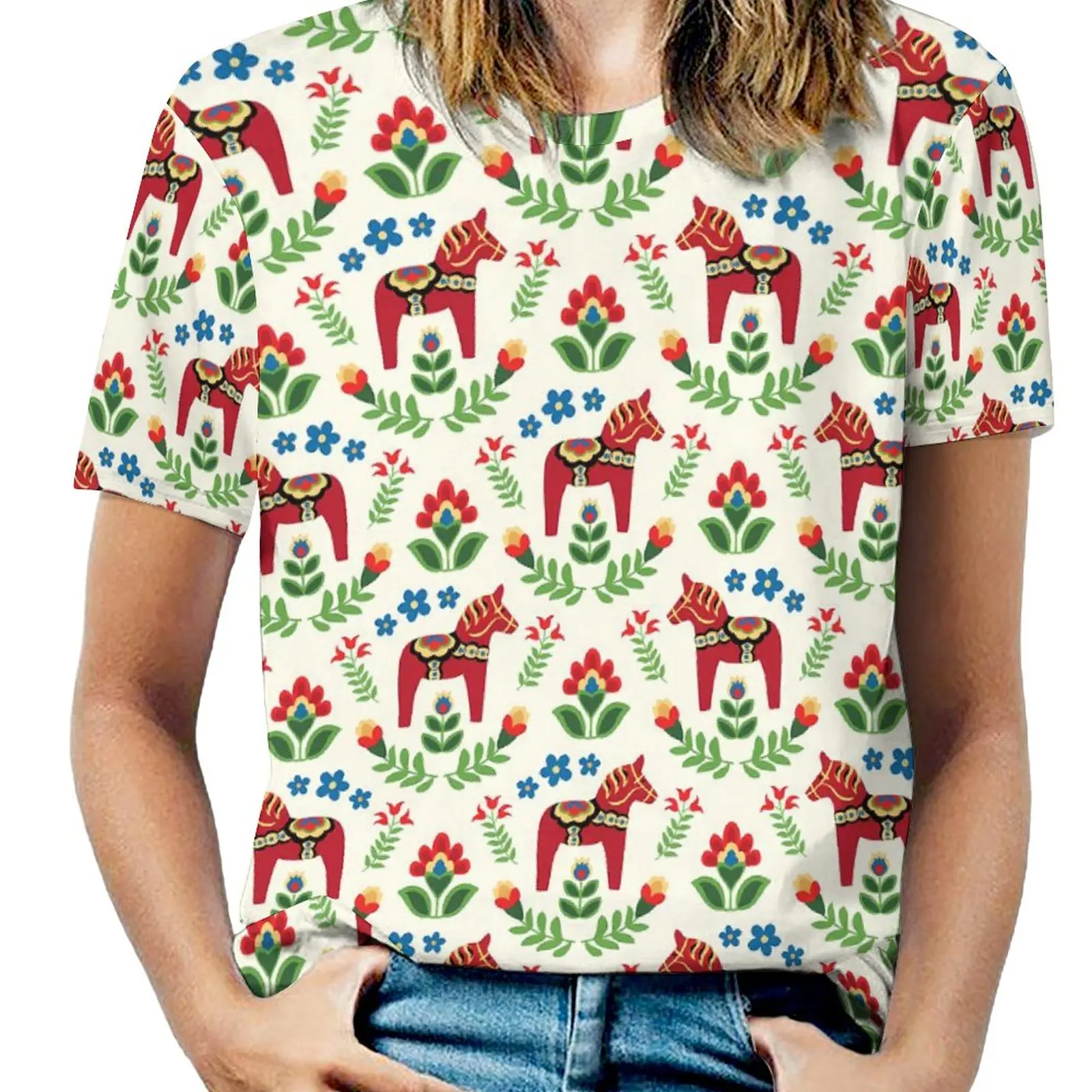 

Dala Horse T Shirts Animal Pirnt Street Style Oversize T Shirt Short Sleeve Ladies Elegant Tshirt Summer Graphic Top Tees