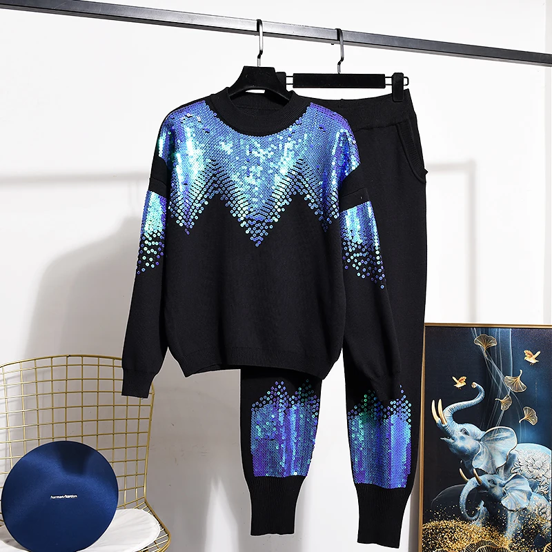

Black Embroidery Sequins Knitted Tracksuit Two Piece Set Women Casual Knitwear Pullover Sweater Pencil Pants Outfits 2pc Female